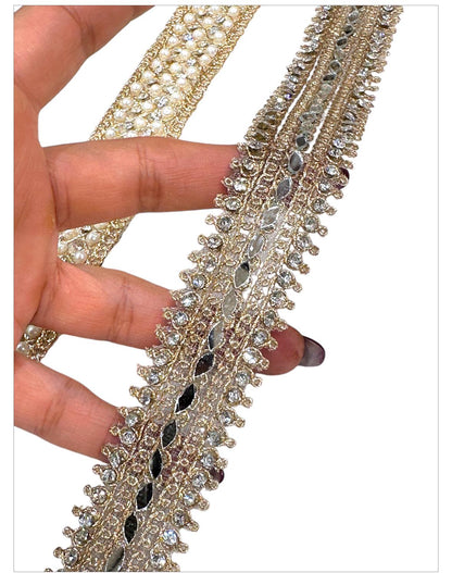 Gold Pearl Mirror Work Trim Zircon Handmade Zari Trim with Beads for Sewing & Craft