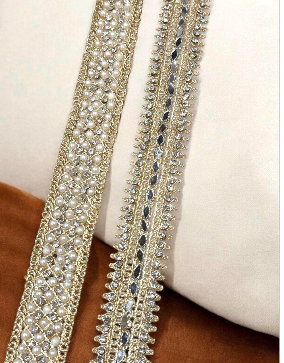 Gold Pearl Mirror Work Trim Zircon Handmade Zari Trim with Beads for Sewing & Craft