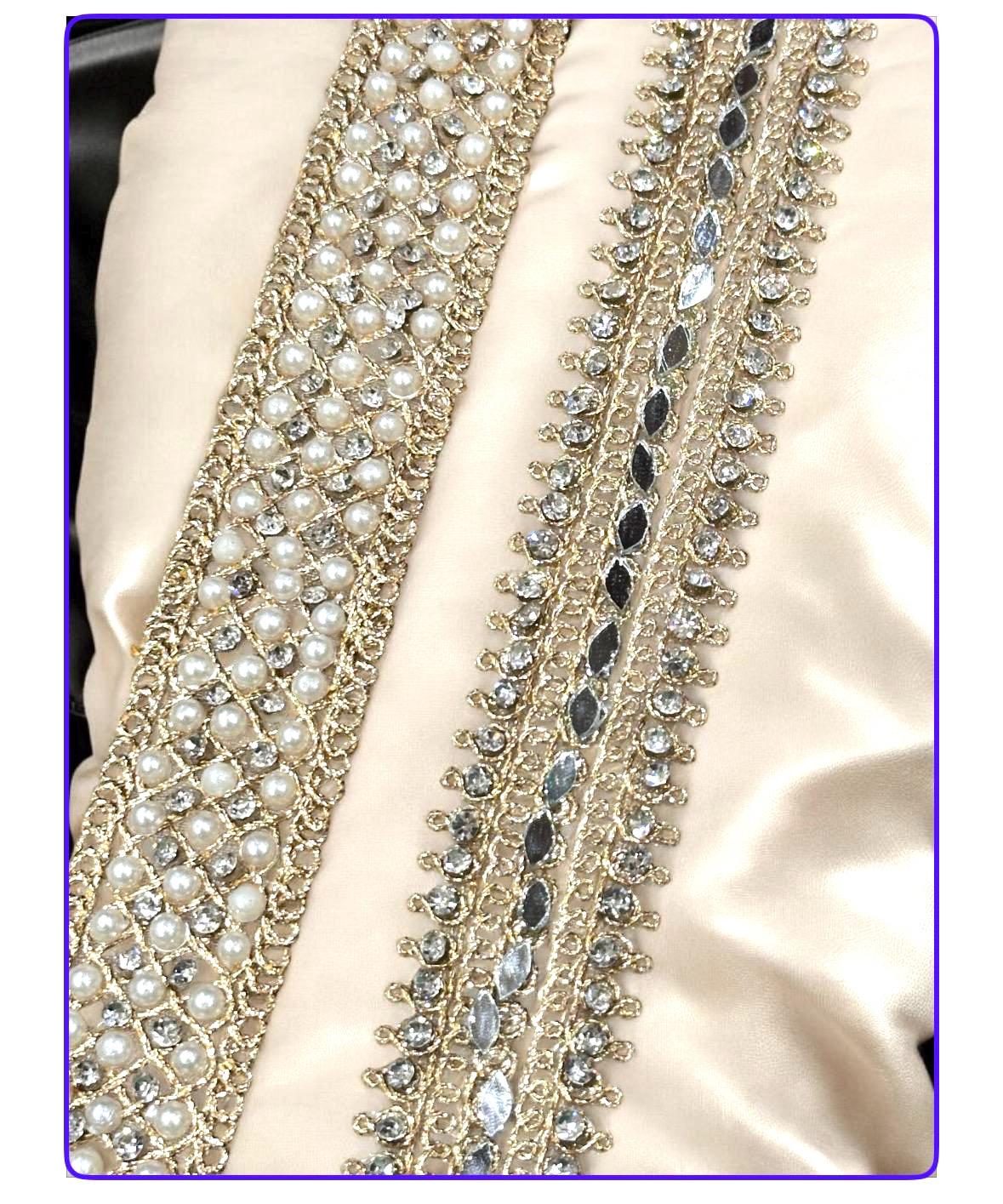 Gold Pearl Mirror Work Trim Zircon Handmade Zari Trim with Beads for Sewing & Craft