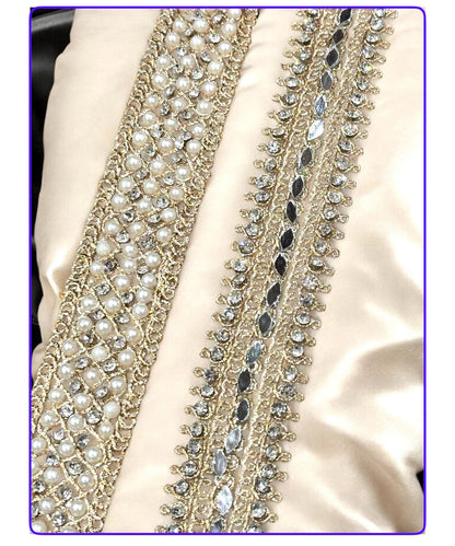 Gold Pearl Mirror Work Trim Zircon Handmade Zari Trim with Beads for Sewing & Craft