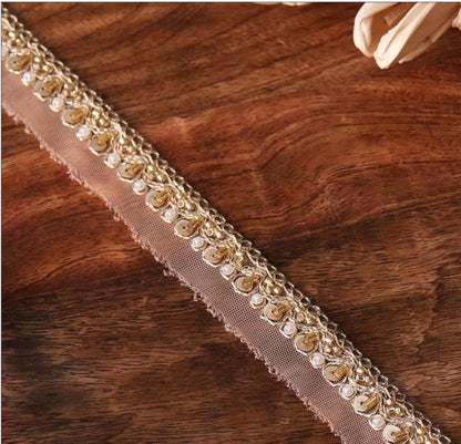 Light Gold Metallic Lace Sequin Glass Bead Pearl Work Handmade