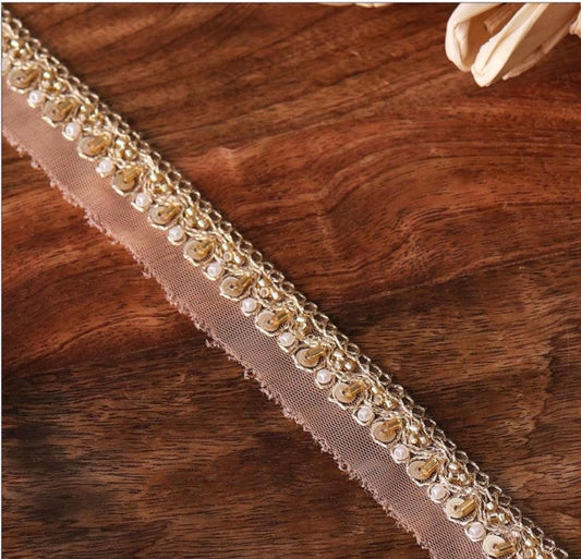 Light Gold Metallic Lace Sequin Glass Bead Pearl Work Handmade