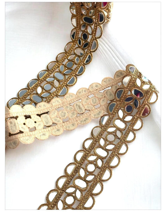 Handmade Geometric Pattern Mirror Belt Lace Fabric Indian Ethnic Saree Trim