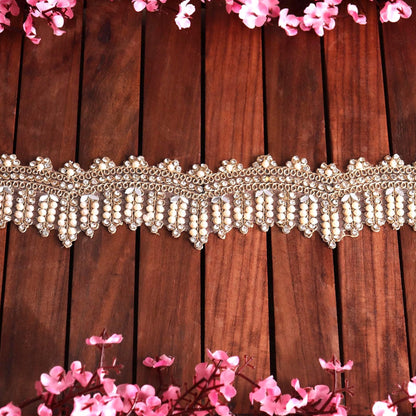 Exquisite Beaded Lace Pearl Zircon Scalloped Embroidery Lace For Bridal Veil Sash