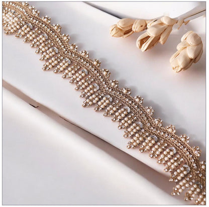 Exquisite Beaded Lace Pearl Zircon Scalloped Embroidery Lace For Bridal Veil Sash