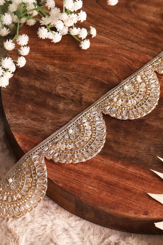 Light Gold Scalloped Zari Lace Glass Bead Indian Lace Trim Embroidered