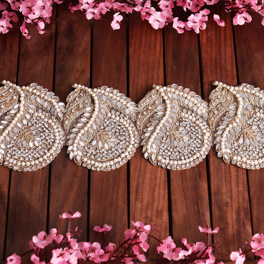 Gold Indian Pearl Trim Zircon Bead Embellished Paisley Pattern For Wedding Dress Sash  9.5cm