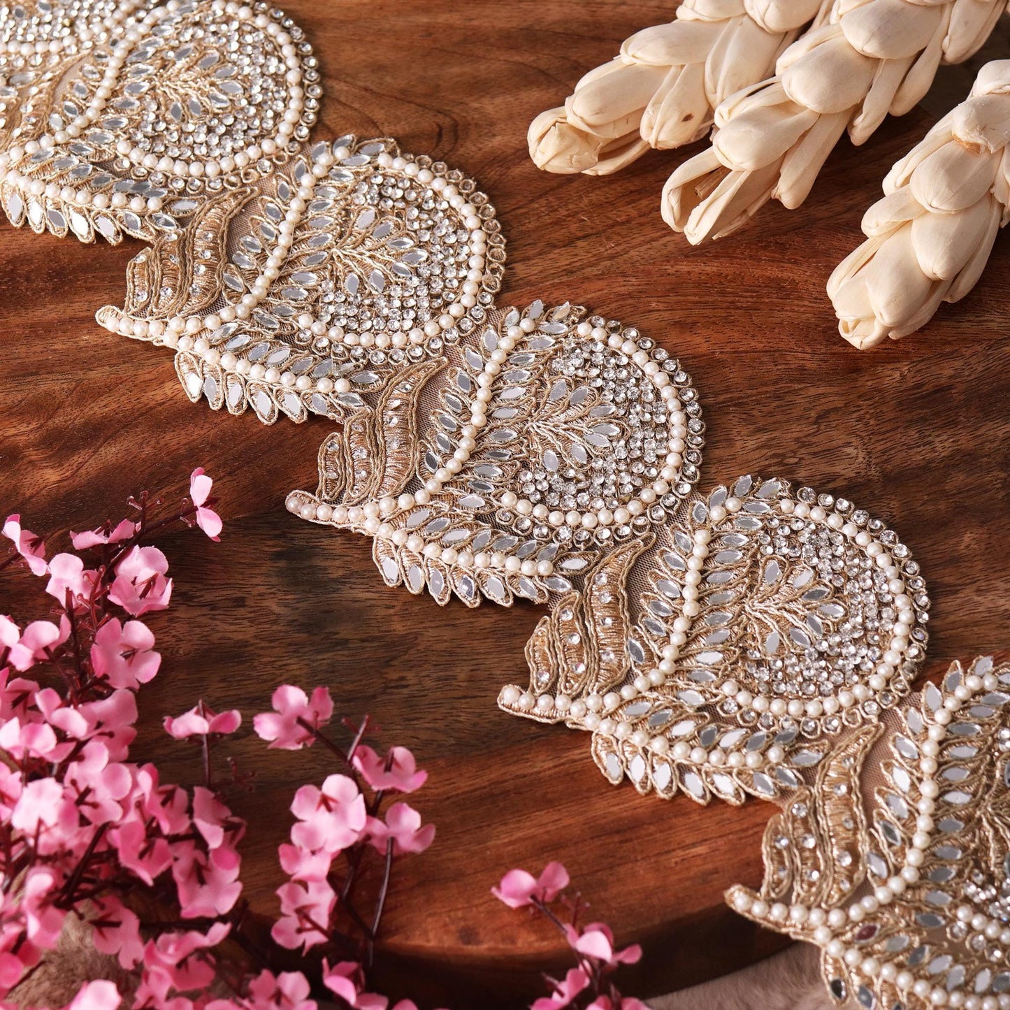 Gold Indian Pearl Trim Zircon Bead Embellished Paisley Pattern For Wedding Dress Sash  9.5cm