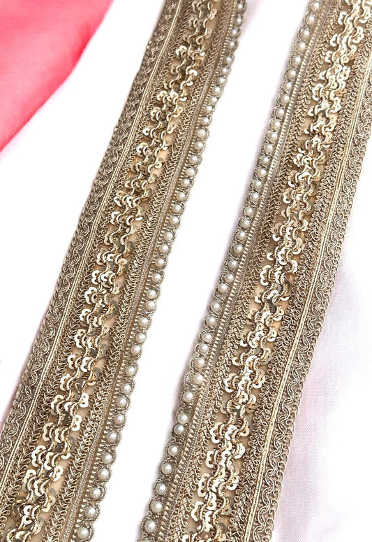 Pearl Metallic Gold Lux Edging Lace Sequin Scalloped Edging Craft Lace for Festive Wear Bridal Gown Veil Party Dress