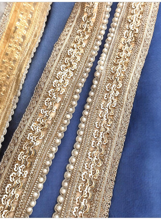 Pearl Metallic Gold Lux Edging Lace Sequin Scalloped Edging Craft Lace for Festive Wear Bridal Gown Veil Party Dress