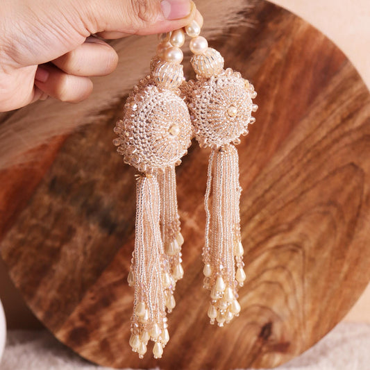 Gold Beaded Decorative Crochet Tassel Pearl Glass Bead Curtain Hanging Indian Tassel