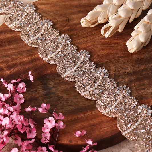 Rose Gold Pearl Embroidered Lace Trim Floral Zircon Embellished Indian Bridal Trim