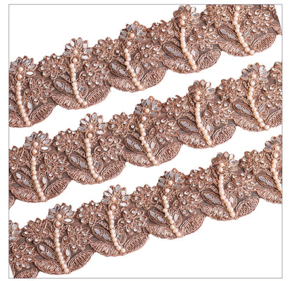 Rose Gold Pearl Embroidered Lace Trim Floral Zircon Embellished Indian Bridal Trim