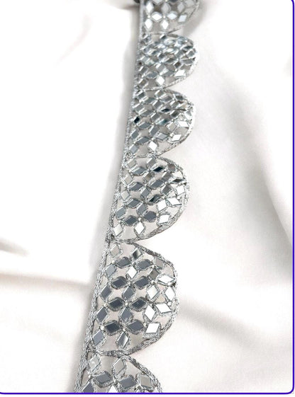 Mirror Work Border 7cm Silver Scalloped Hand Crafted festive Zari Border