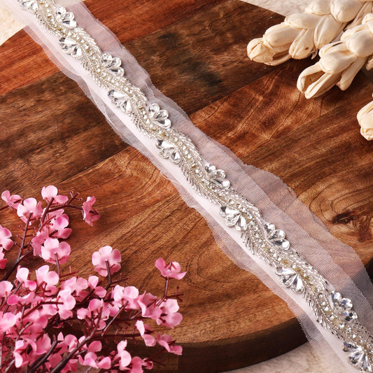 Elegant Silver Rhinestone Crystal Beaded Trim Premium Bridal Decorative applique Lace Fabric Edge