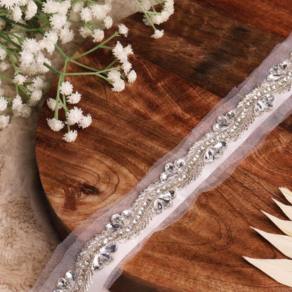 Elegant Silver Rhinestone Crystal Beaded Trim Premium Bridal Decorative applique Lace Fabric Edge