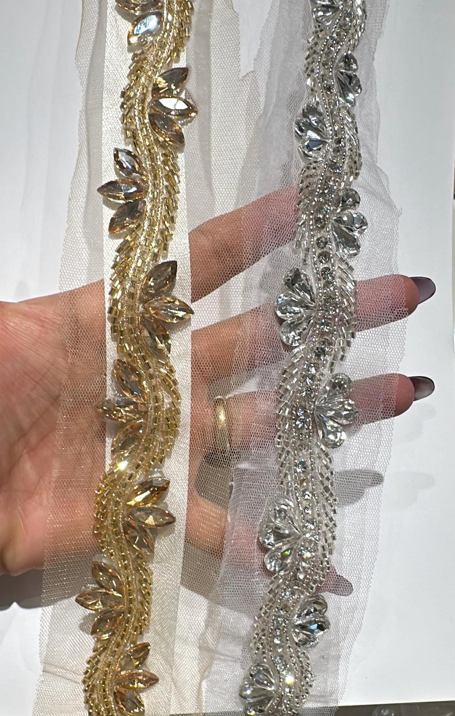Elegant Silver Rhinestone Crystal Beaded Trim Premium Bridal Decorative applique Lace Fabric Edge