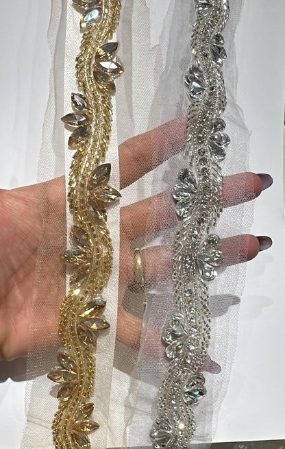 Elegant Silver Rhinestone Crystal Beaded Trim Premium Bridal Decorative applique Lace Fabric Edge