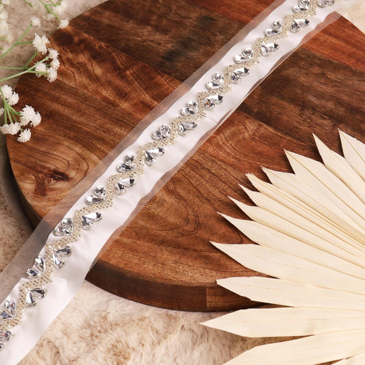 Rhinestone Diamanta Chain Trim Heart Glass Bead Embroidery Lace Wedding Gown