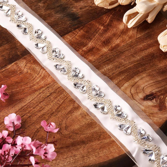 Rhinestone Diamanta Chain Trim Heart Glass Bead Embroidery Lace Wedding Gown
