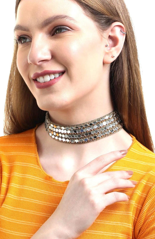 Broad Celestial Jewelry Choker Mirror Fabric HandCrafted Necklace Shiny Jewel Necklace