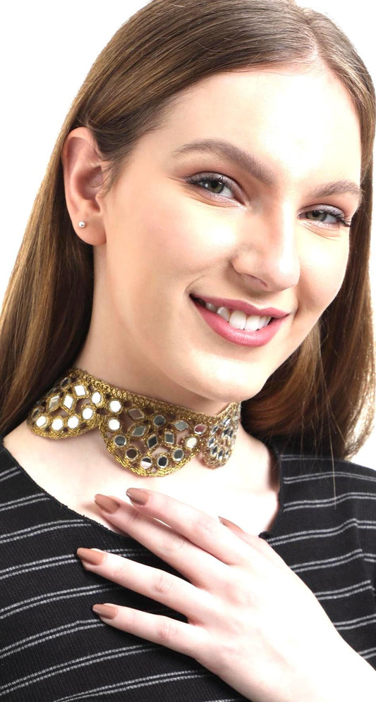 Gold Lace Choker Necklace Handmade Boho Gothic Style Jewelry Vintage Look Fabric Choker