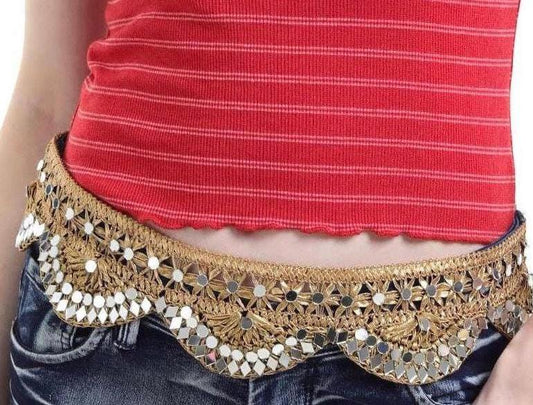 Gold Fabric Mirror Waist Belt Choker Necklace Unique Handmade Jewelry Ethnic Art Indian Vibrant Lace Boho