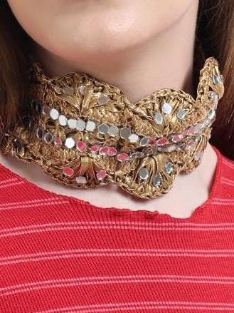 Gold Fabric Choker Necklace Unique Handmade Jewelry Ethnic Art Lace Choker Vibrant Artisan Boho