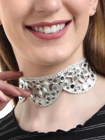 Silver Choker Necklace Handmade Boho Gothic Style Jewelry Vintage Look Fabric Choker