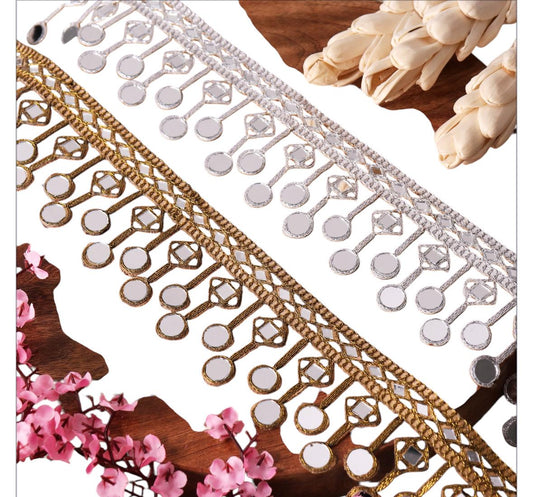 Gold Mirror Trim Embellished Geometric Fabric Lace Jewelry Making Crafting Trim DIY