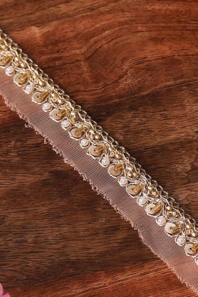 Light Gold Metallic Lace Sequin Glass Bead Pearl Work Handmade