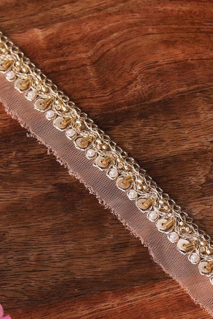 Light Gold Metallic Lace Sequin Glass Bead Pearl Work Handmade
