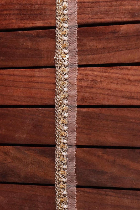 Light Gold Metallic Lace Sequin Glass Bead Pearl Work Handmade