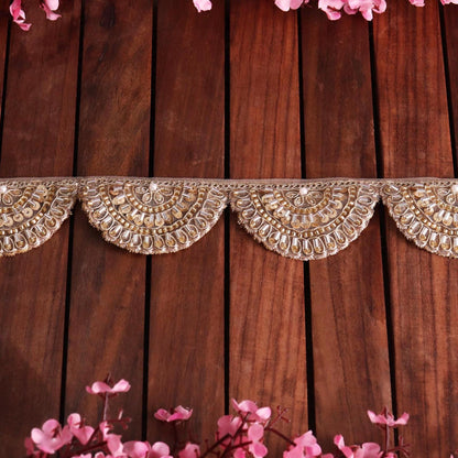 Light Gold Scalloped Zari Lace Glass Bead Indian Lace Trim Embroidered