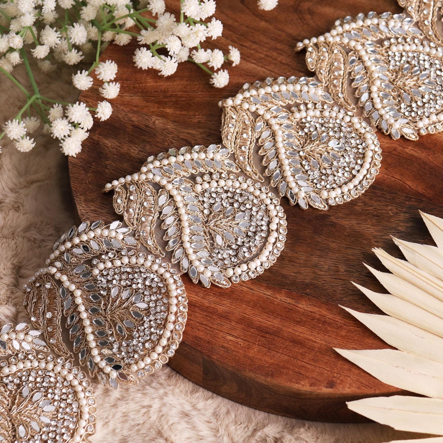 Gold Indian Pearl Trim Zircon Bead Embellished Paisley Pattern For Wedding Dress Sash  9.5cm