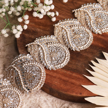 Gold Indian Pearl Trim Zircon Bead Embellished Paisley Pattern For Wedding Dress Sash  9.5cm