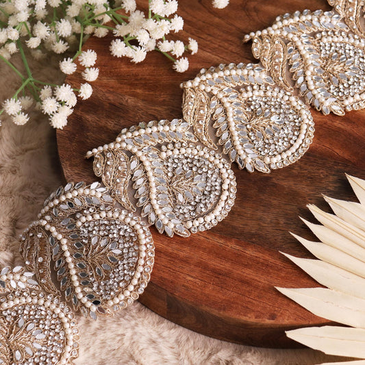 Gold Indian Pearl Trim Zircon Bead Embellished Paisley Pattern For Wedding Dress Sash  9.5cm