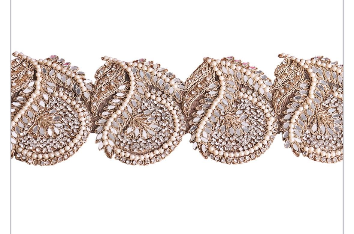 Gold Indian Pearl Trim Zircon Bead Embellished Paisley Pattern For Wedding Dress Sash  9.5cm