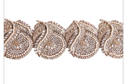 Gold Indian Pearl Trim Zircon Bead Embellished Paisley Pattern For Wedding Dress Sash  9.5cm