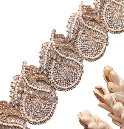 Gold Indian Pearl Trim Zircon Bead Embellished Paisley Pattern For Wedding Dress Sash  9.5cm