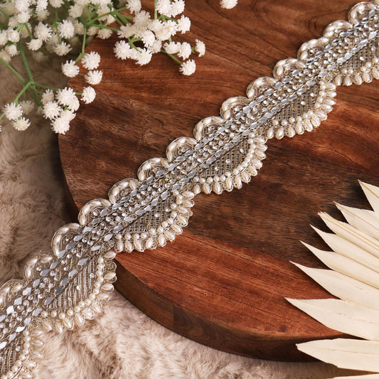 Gold Indian Trim Pearl Work Lace Embellish Handmade Bridal Veil and Dress Trim