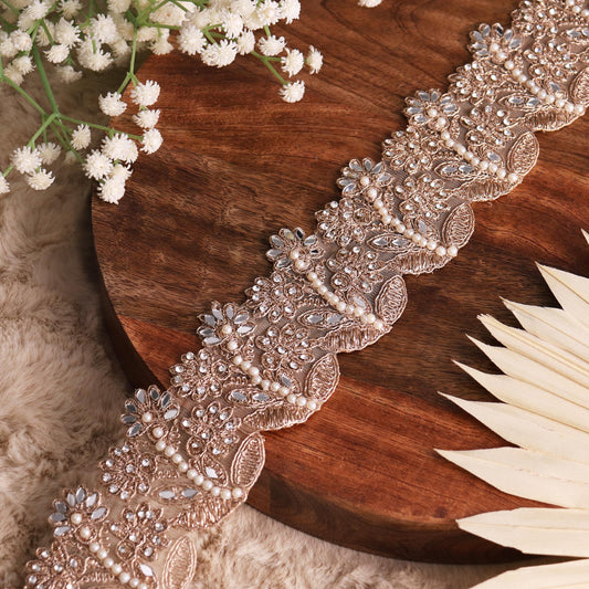 Rose Gold Pearl Embroidered Lace Trim Floral Zircon Embellished Indian Bridal Trim