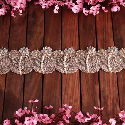 Rose Gold Pearl Embroidered Lace Trim Floral Zircon Embellished Indian Bridal Trim