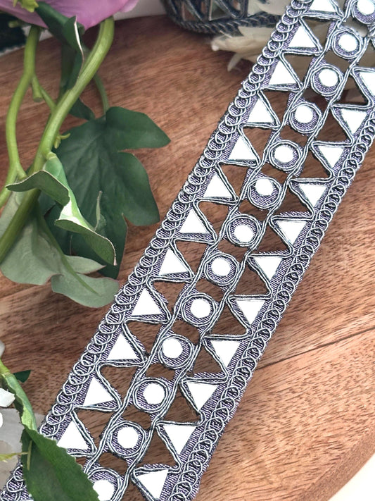 handcrafted denim belt lace trim with mirror work, in Indian ethnic bohemian style.&quot;