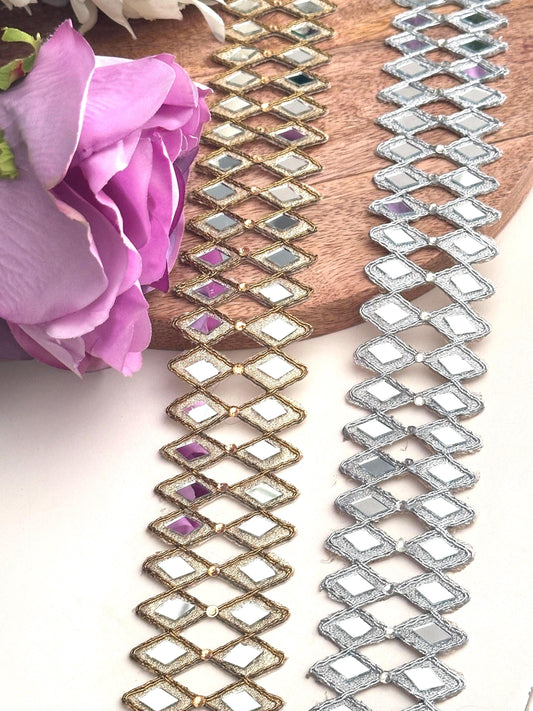 Mirror Geometric pattern Indian hand crafted 4cm border 2 line mirror belt For Chokers saree