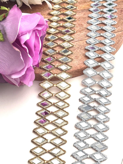 Mirror Geometric pattern Indian hand crafted 4cm border 2 line mirror belt For Chokers saree