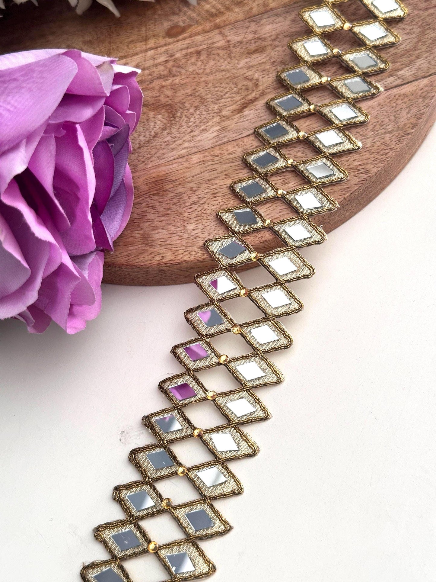 Mirror Geometric pattern Indian hand crafted 4cm border 2 line mirror belt For Chokers saree
