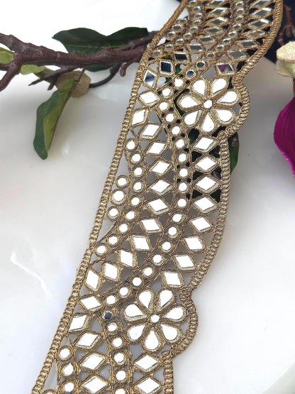 Broad Belt Dull Gold 7cm Scallop Mirror Trim Glamourous Indian Embroidered