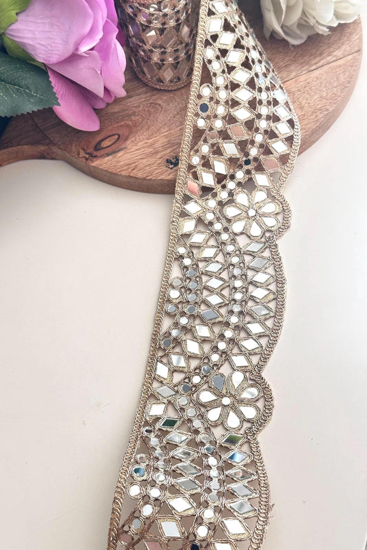 Broad Mirror Trim Rose Gold Scalloped Mirror belt 7cm Glamourous saree Border