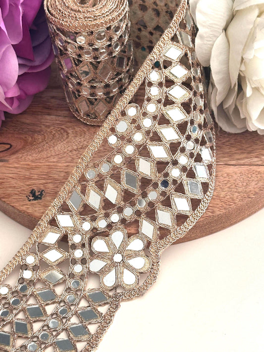 Broad Mirror Trim Rose Gold Scalloped Mirror belt 7cm Glamourous saree Border
